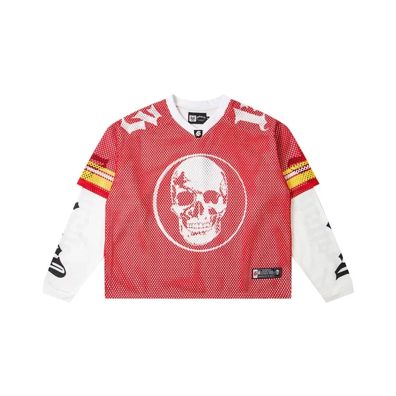 "Godspeed" Layered Mesh Skull Long Sleeve Jersey (Red/White/Yellow)