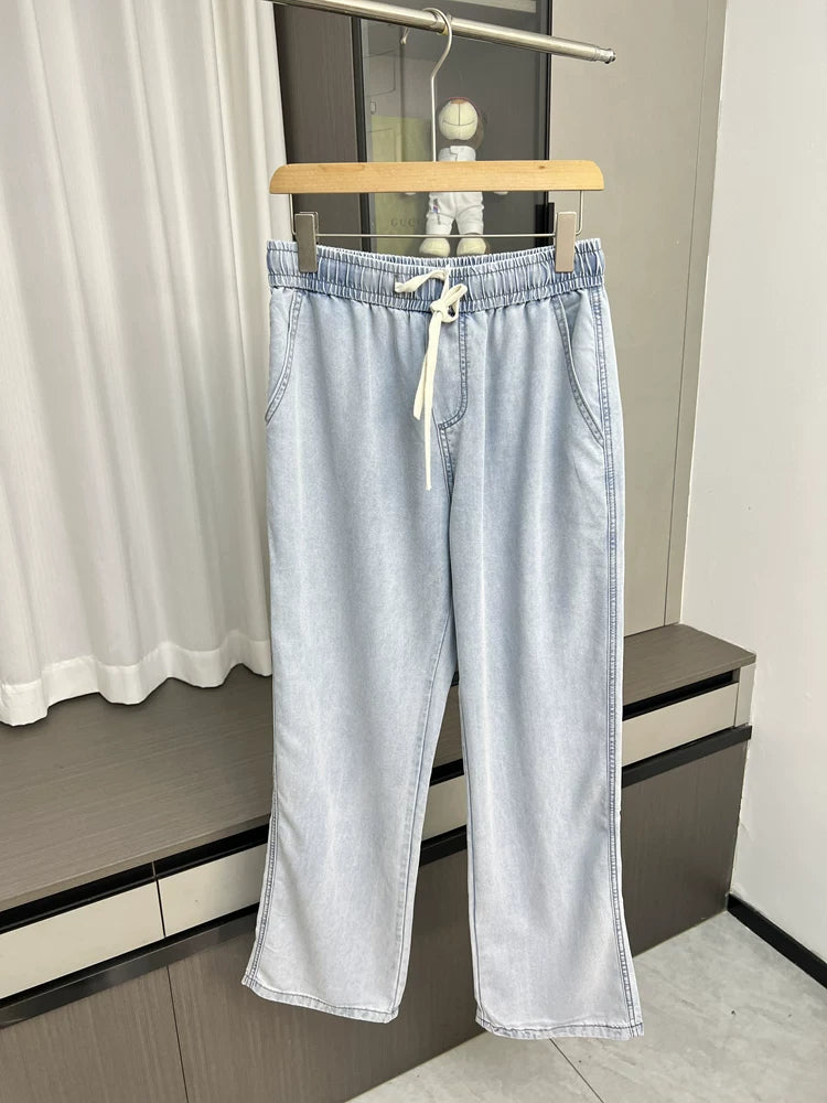 Soft drape! Cool and breathable! Summer men's foreign trade Tencel Lyocell elastic waist hanging straight leg jeans