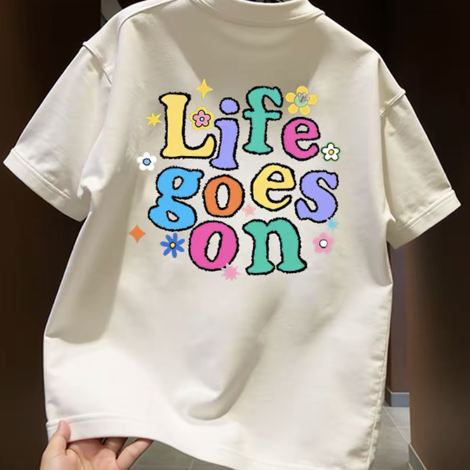 High quality light luxury rainbow letter trendy brand round neck pure cotton short sleeved versatile