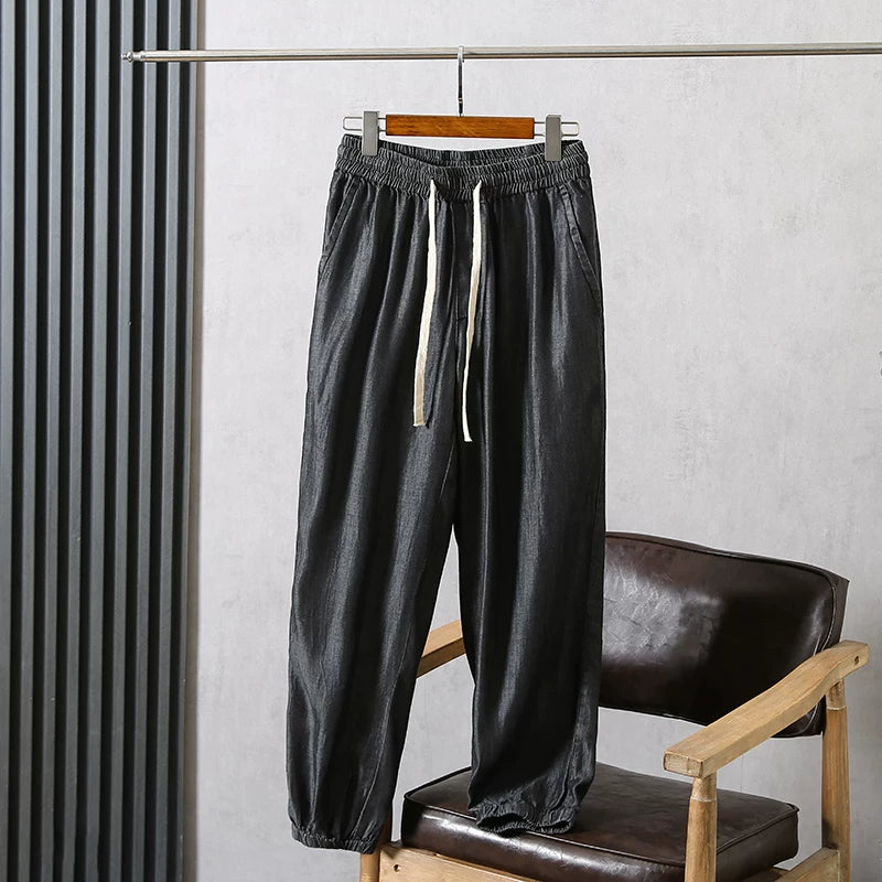 Good daily orders! Cool and comfortable! Foreign trade men's spring and summer breathable loose leg binding elastic waistband Tencel jeans