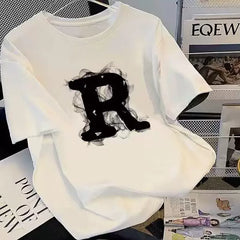 Brand foreign trade~Cutting labels, picking up leaks, counter surplus single weight pure cotton short sleeved T-shirt for men and women, trendy brand R letter