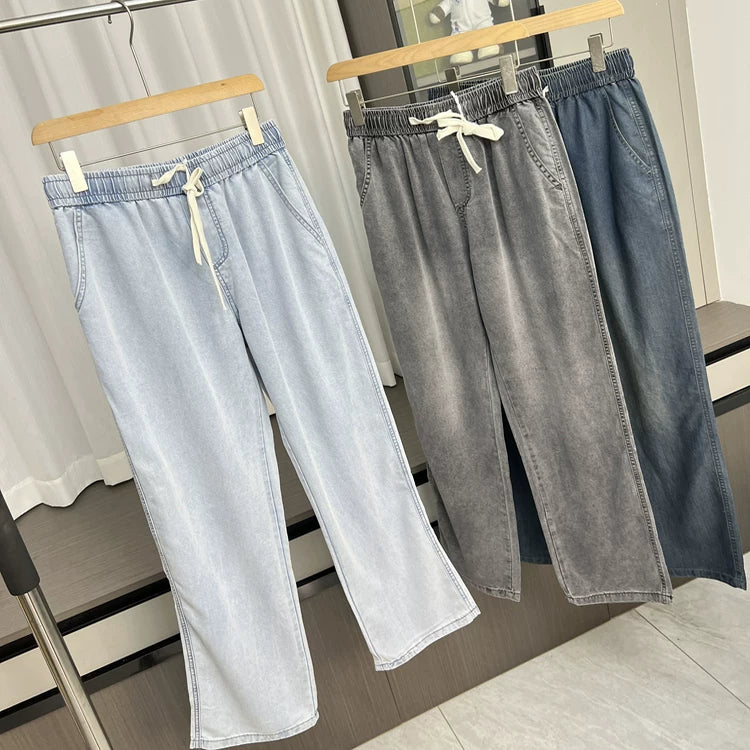 Soft drape! Cool and breathable! Summer men's foreign trade Tencel Lyocell elastic waist hanging straight leg jeans