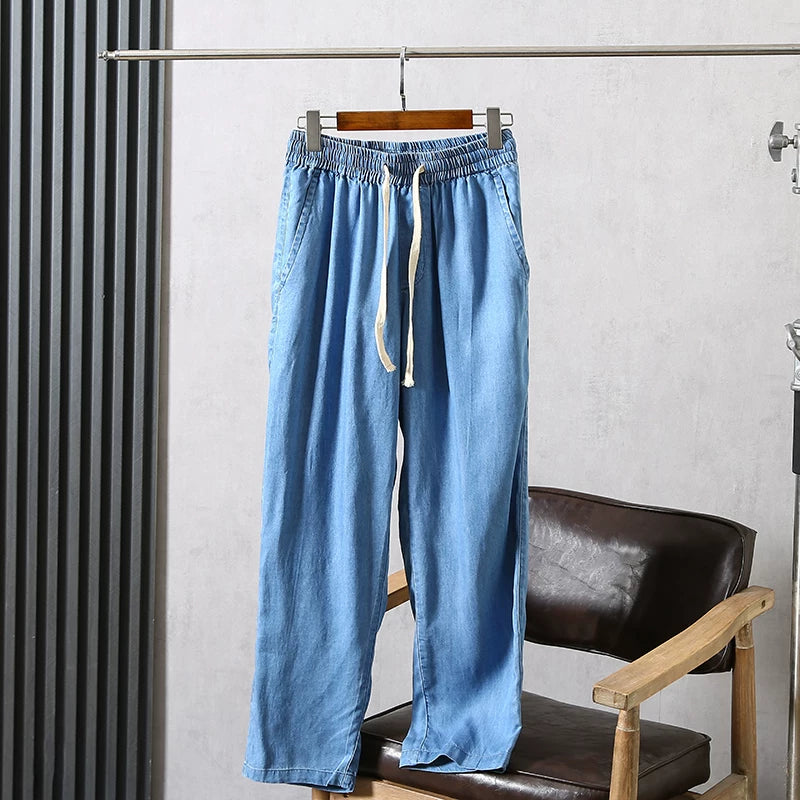 Good daily orders! Cool and comfortable! Foreign trade men's spring and summer breathable loose leg binding elastic waistband Tencel jeans