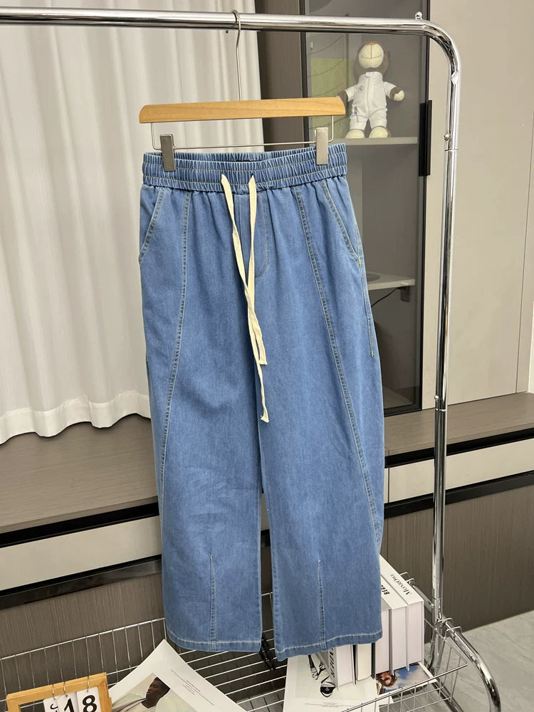 Comfortable and stylish! Spring and summer men's retro casual trade elastic waist loose wide leg fashionable curved knife jeans