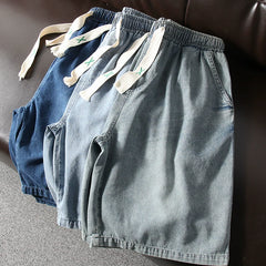 Highly recommended! Wash with water to make it old! Foreign trade men's summer elastic waist loose five quarter casual denim shorts trend