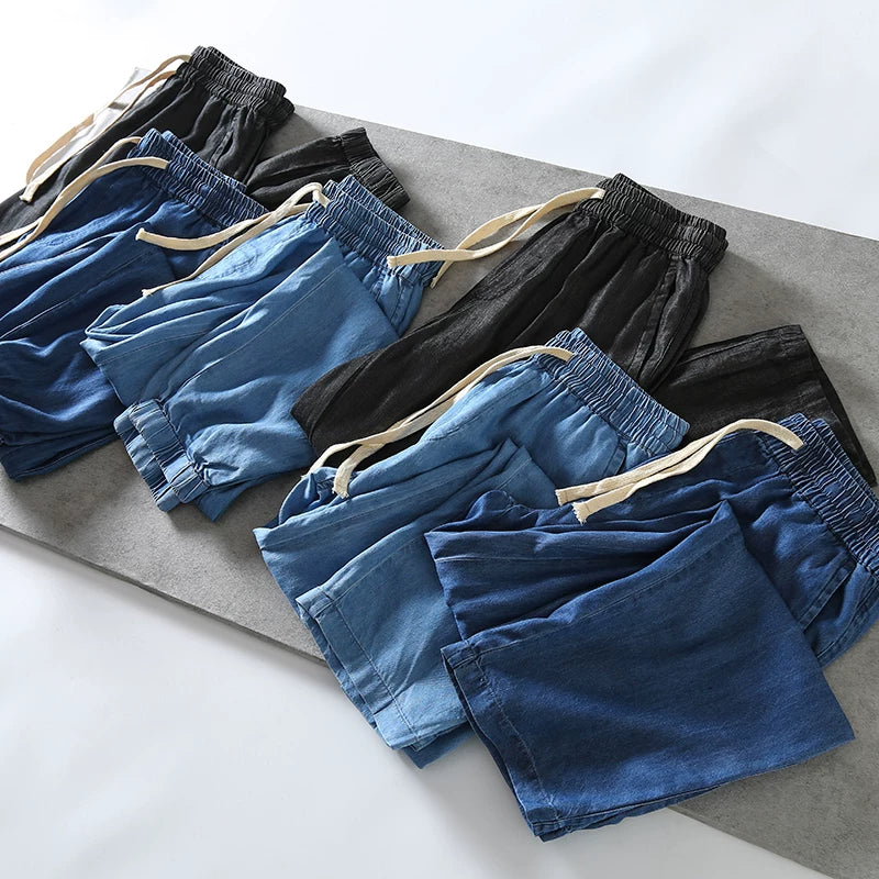 Good daily orders! Cool and comfortable! Foreign trade men's spring and summer breathable loose leg binding elastic waistband Tencel jeans