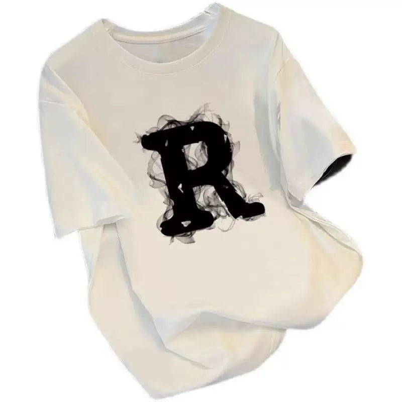 Brand foreign trade~Cutting labels, picking up leaks, counter surplus single weight pure cotton short sleeved T-shirt for men and women, trendy brand R letter