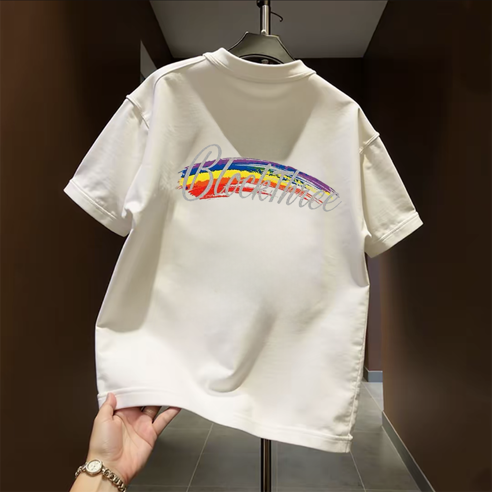 Top brand foreign trade counters are picking up leftovers~High quality light luxury pure cotton short sleeved T-shirt rainbow letter round neck print trend