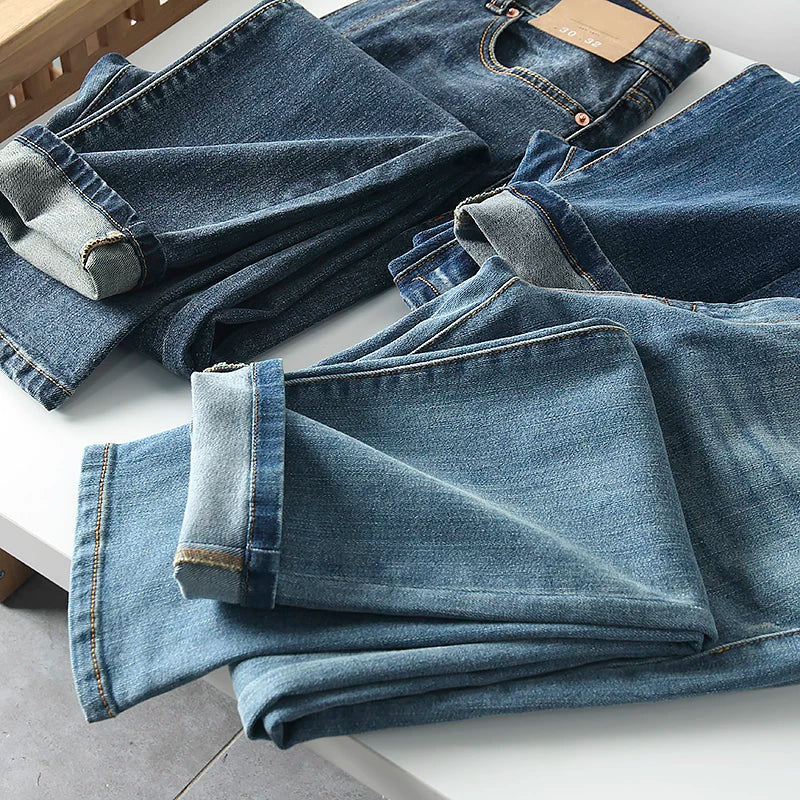 What a pleasant surprise! Heavy duty washing! Spring men's foreign trade cotton elastic retro polished white straight leg denim pants