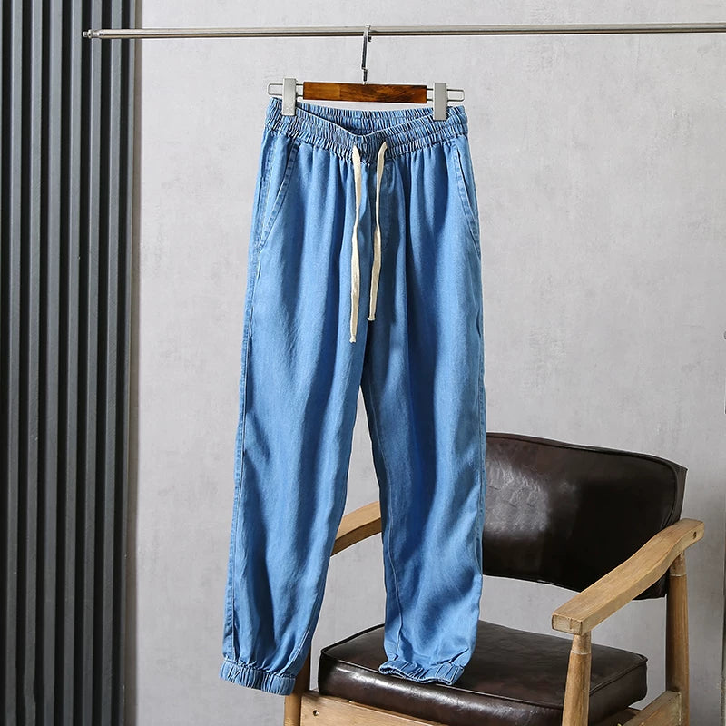 Good daily orders! Cool and comfortable! Foreign trade men's spring and summer breathable loose leg binding elastic waistband Tencel jeans
