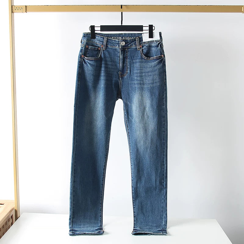 What a pleasant surprise! Heavy duty washing! Spring men's foreign trade cotton elastic retro polished white straight leg denim pants