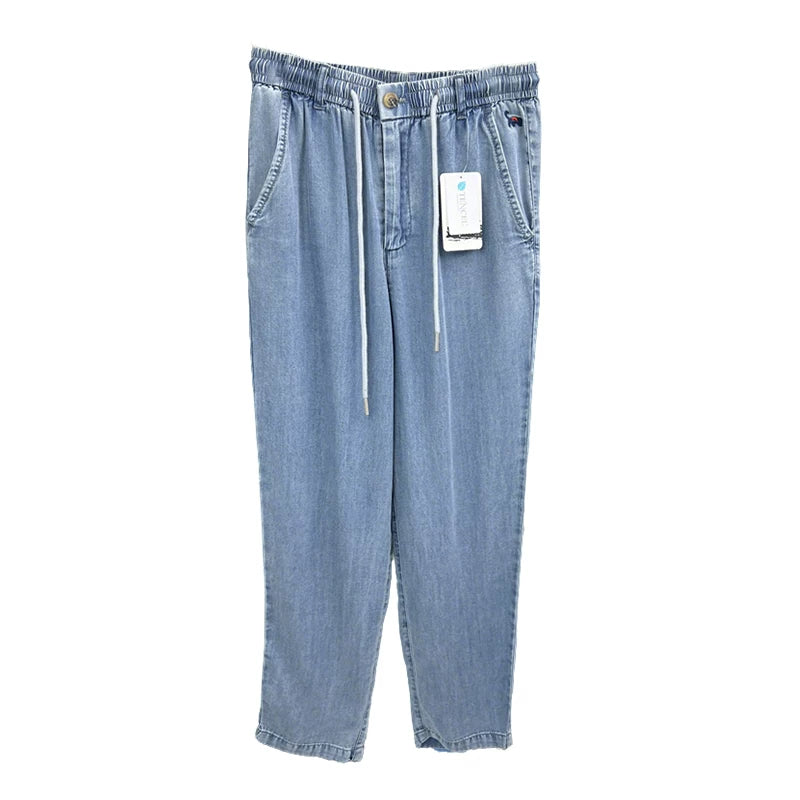 Born for comfort! 100 days of silk! Summer men's foreign trade thin, smooth, wrinkle resistant, elastic waist casual jeans