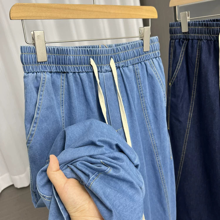 Comfortable and stylish! Spring and summer men's retro casual trade elastic waist loose wide leg fashionable curved knife jeans