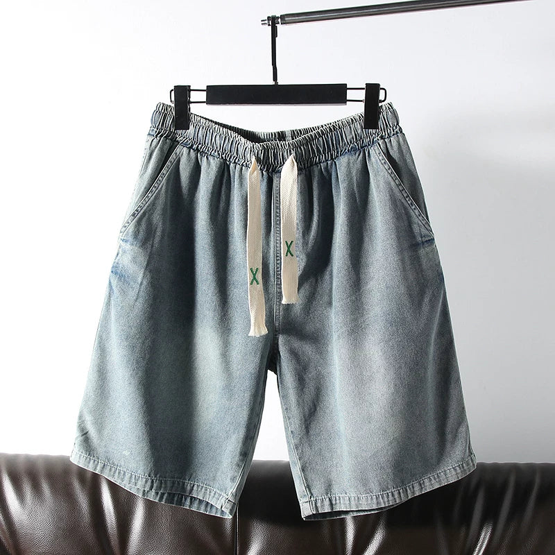 Highly recommended! Wash with water to make it old! Foreign trade men's summer elastic waist loose five quarter casual denim shorts trend