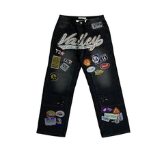 Vale Forever Rhinestone Patchwork Oversized Black Denim Jeans