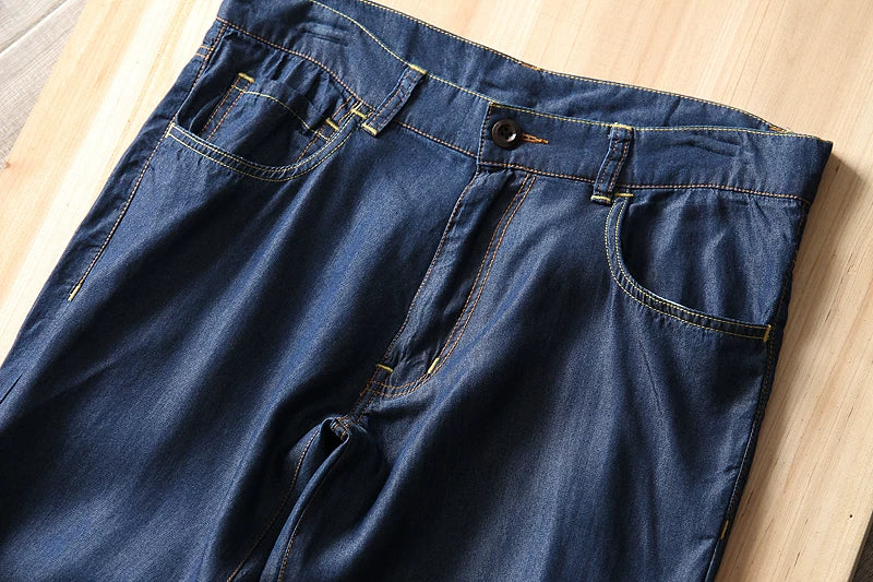 Island country customer supplied fabric comfortable and breathable Tencel denim thin men's pants casual retro straight leg jeans