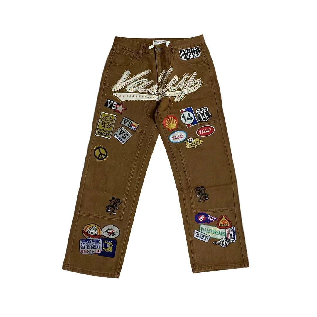 Vale Forever Rhinestone Patchwork Oversized Brown Denim Jeans
