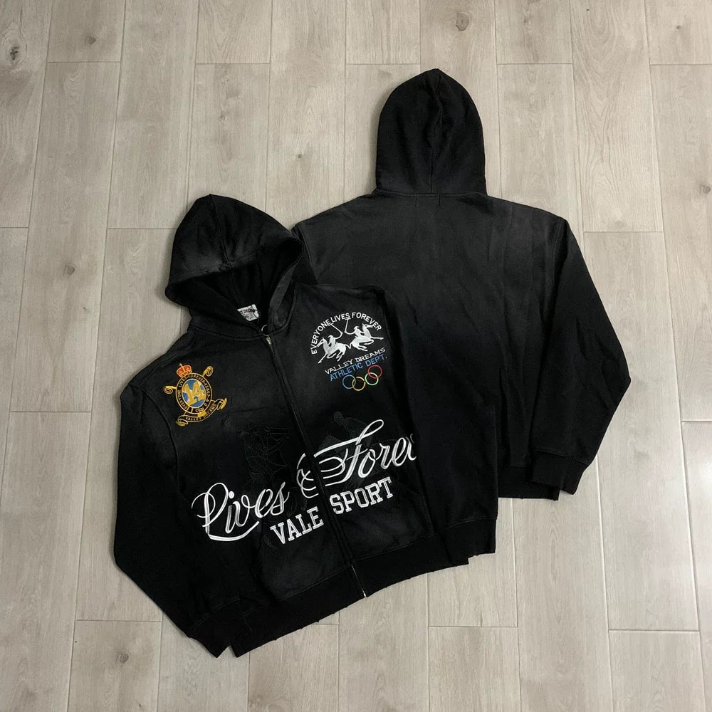 Vale Forever "Lives & Forever Vale Sport" Vintage Zip-Up Hoodie (Black)