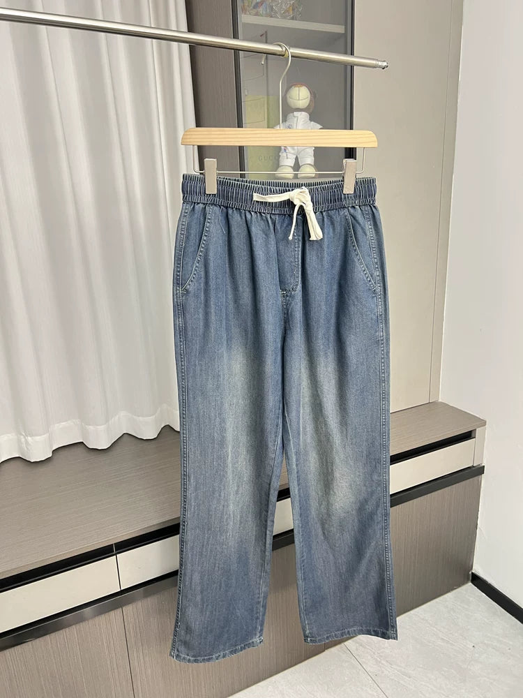 Soft drape! Cool and breathable! Summer men's foreign trade Tencel Lyocell elastic waist hanging straight leg jeans