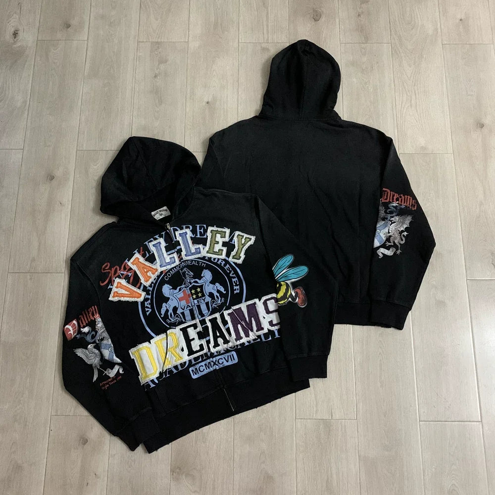 Vale Forever "Valley Dreams Emblem" Vintage Zip-Up Hoodie (Black)