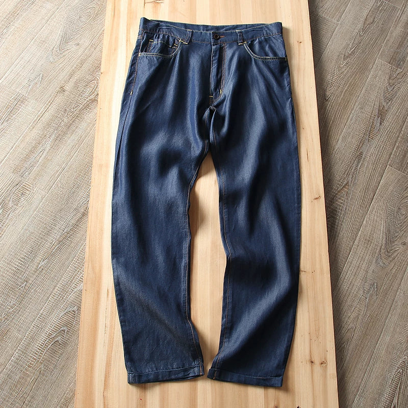 Island country customer supplied fabric comfortable and breathable Tencel denim thin men's pants casual retro straight leg jeans