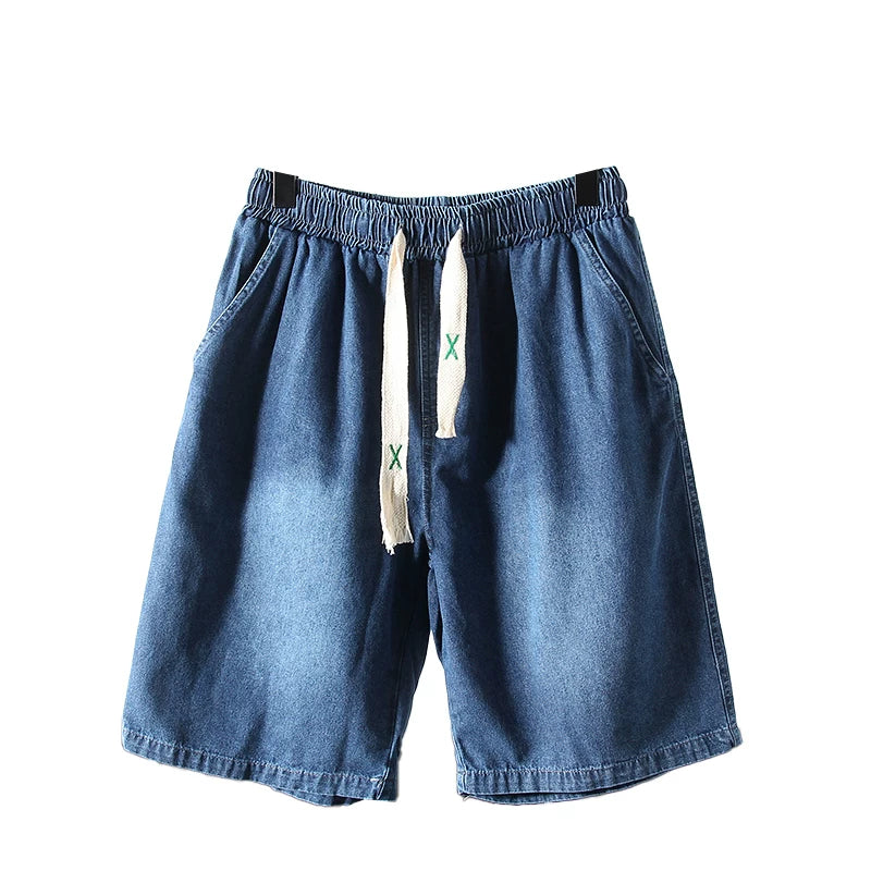Highly recommended! Wash with water to make it old! Foreign trade men's summer elastic waist loose five quarter casual denim shorts trend