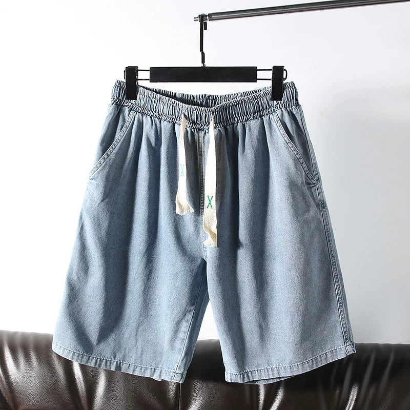 Highly recommended! Wash with water to make it old! Foreign trade men's summer elastic waist loose five quarter casual denim shorts trend