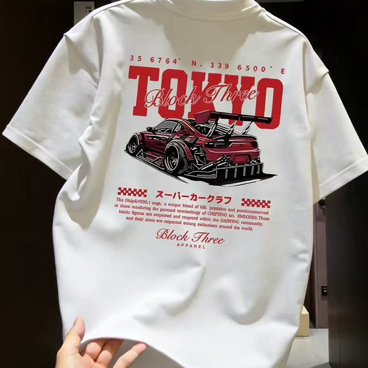 Overseas order backlog~Withdrawn short sleeved T-shirt printed round neck loose and versatile trendy brand casual pure cotton top with logo trimming