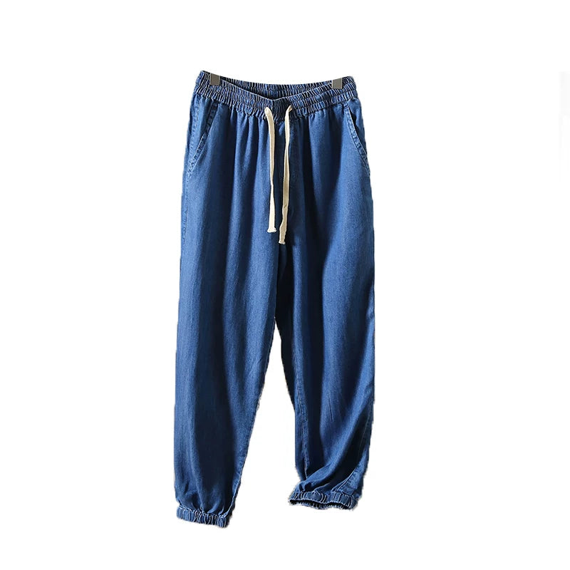 Good daily orders! Cool and comfortable! Foreign trade men's spring and summer breathable loose leg binding elastic waistband Tencel jeans