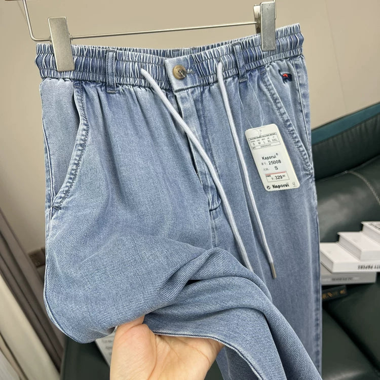 Born for comfort! 100 days of silk! Summer men's foreign trade thin, smooth, wrinkle resistant, elastic waist casual jeans