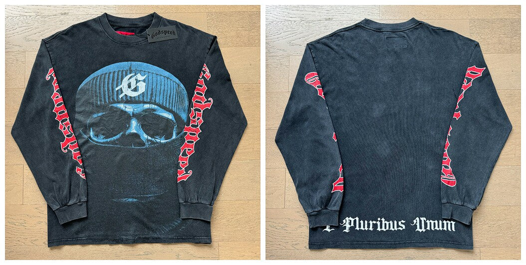 Godspeed "E Pluribus Unum" Skull Graphic Vintage-Wash Long Sleeve Tee