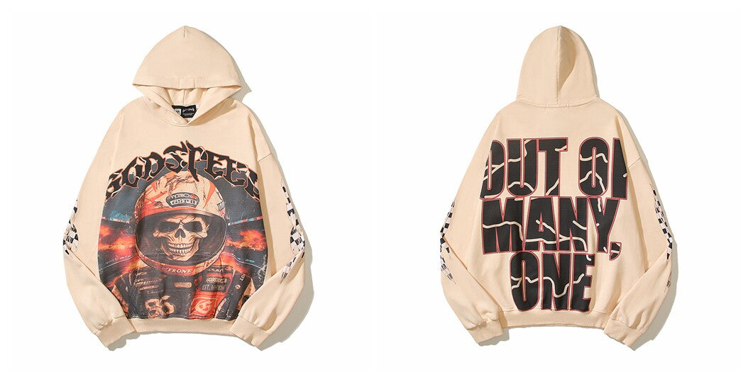 Vintage "Godspeed" Biker Skull Oversized Beige Hoodie