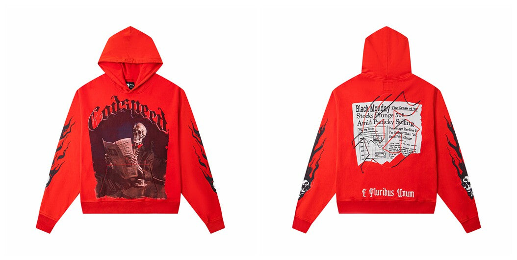 Vintage "Godspeed" Black Monday Newspaper Skull Oversized Red Hoodie