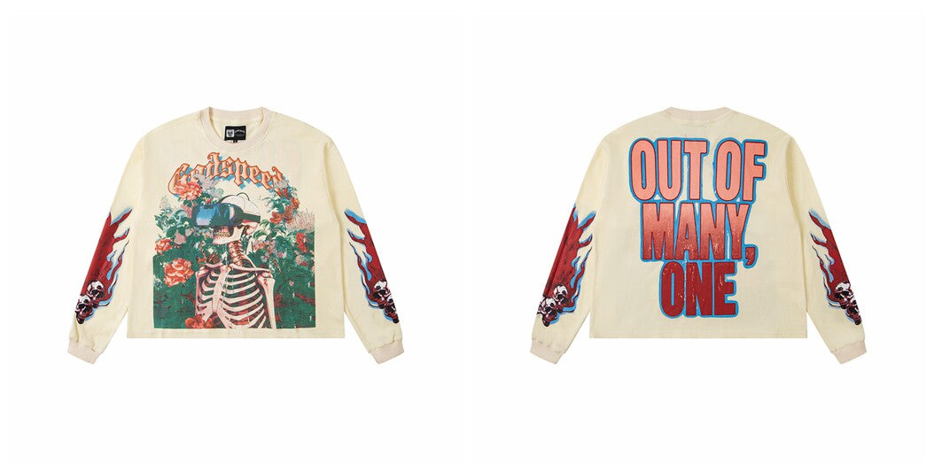 Godspeed "Out of Many, One" VR Headset Skeleton Floral Graphic Beige Long Sleeve Tee