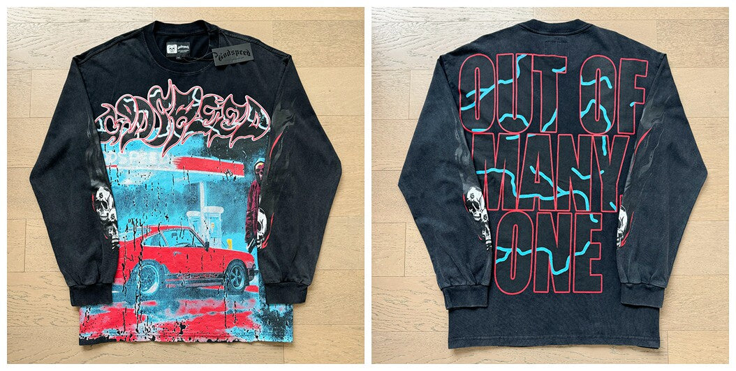 Godspeed "Out of Many, One" Red Car Graphic Vintage-Wash Long Sleeve Tee