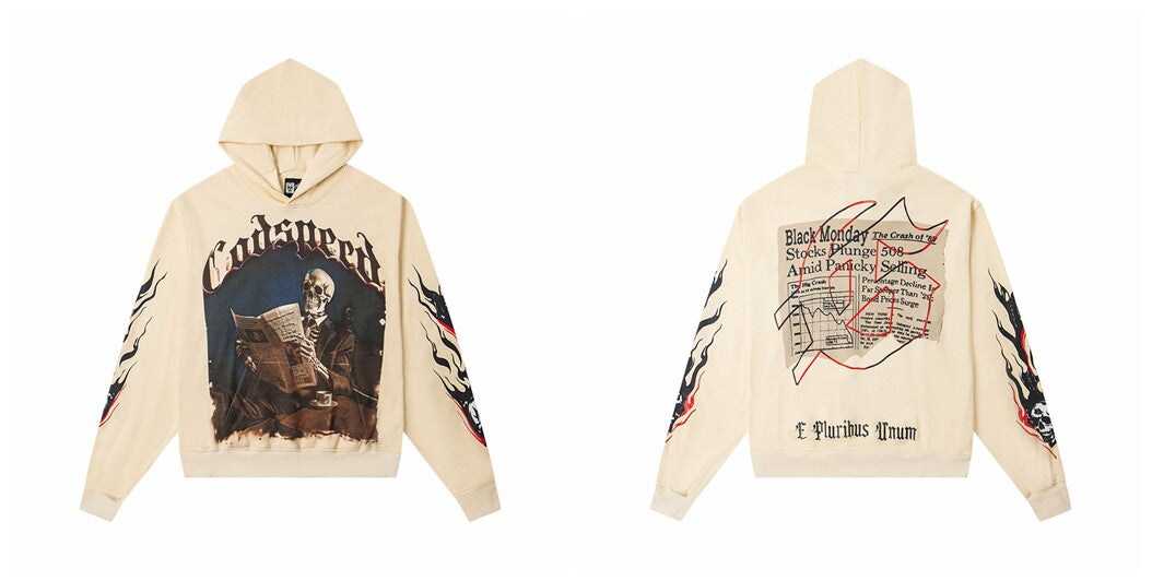 Vintage "Godspeed" Black Monday Newspaper Skull Oversized Beige Hoodie