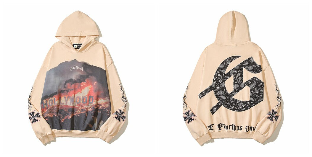 Vintage "Godspeed" Hollywood Graphic Oversized Beige Hoodie