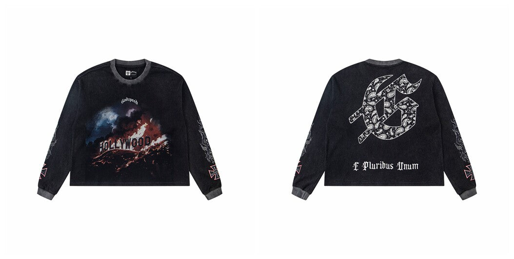 Godspeed "E Pluribus Unum" Burning Hollywood Sign Graphic Black Long Sleeve Tee