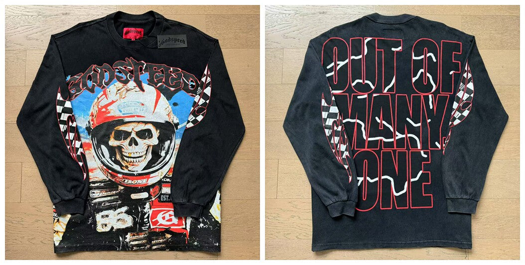 Godspeed "Out of Many, One" Red Car Graphic Vintage-Wash Blue Long Sleeve Tee