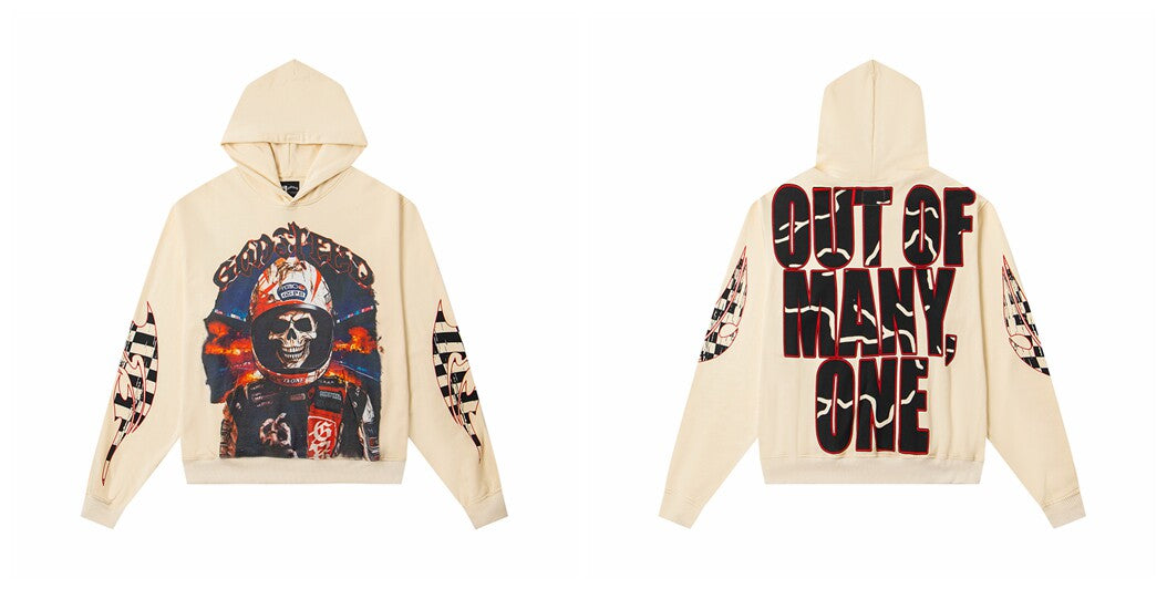 Vintage "Godspeed" Racing Skull Oversized Beige Hoodie