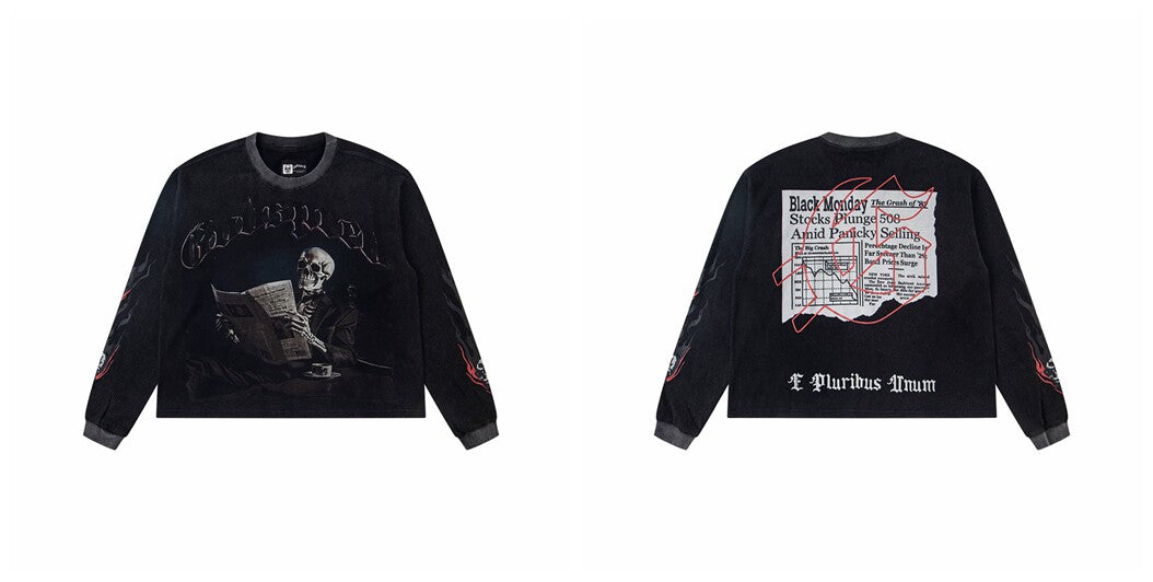 Godspeed "E Pluribus Unum" Black Monday Newspaper Skeleton Black Long Sleeve Tee
