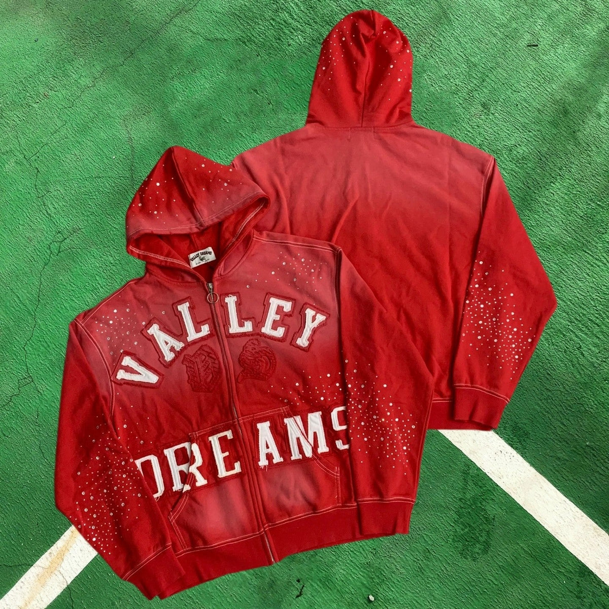 Vale Forever Rhinestone Embellished Full-Zip Hoodie (Red / Vale Forever Arc)