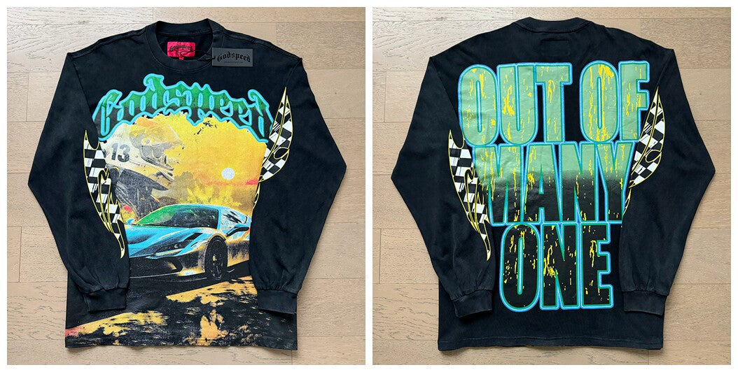 Godspeed "Out of Many, One" Sports Car Graphic Vintage-Wash Long Sleeve Tee