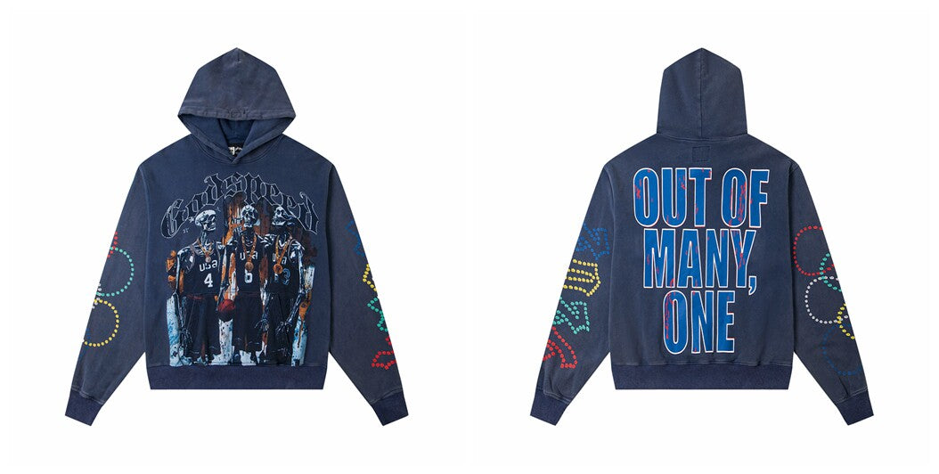 Vintage "Godspeed" Basketball Skeletons Oversized Blue Hoodie