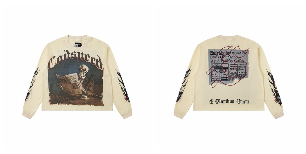Godspeed "E Pluribus Unum" Black Monday Newspaper Skeleton Beige Long Sleeve Tee
