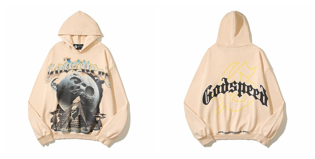 Vintage "Godspeed" Pyramid Skull Oversized Beige Hoodie
