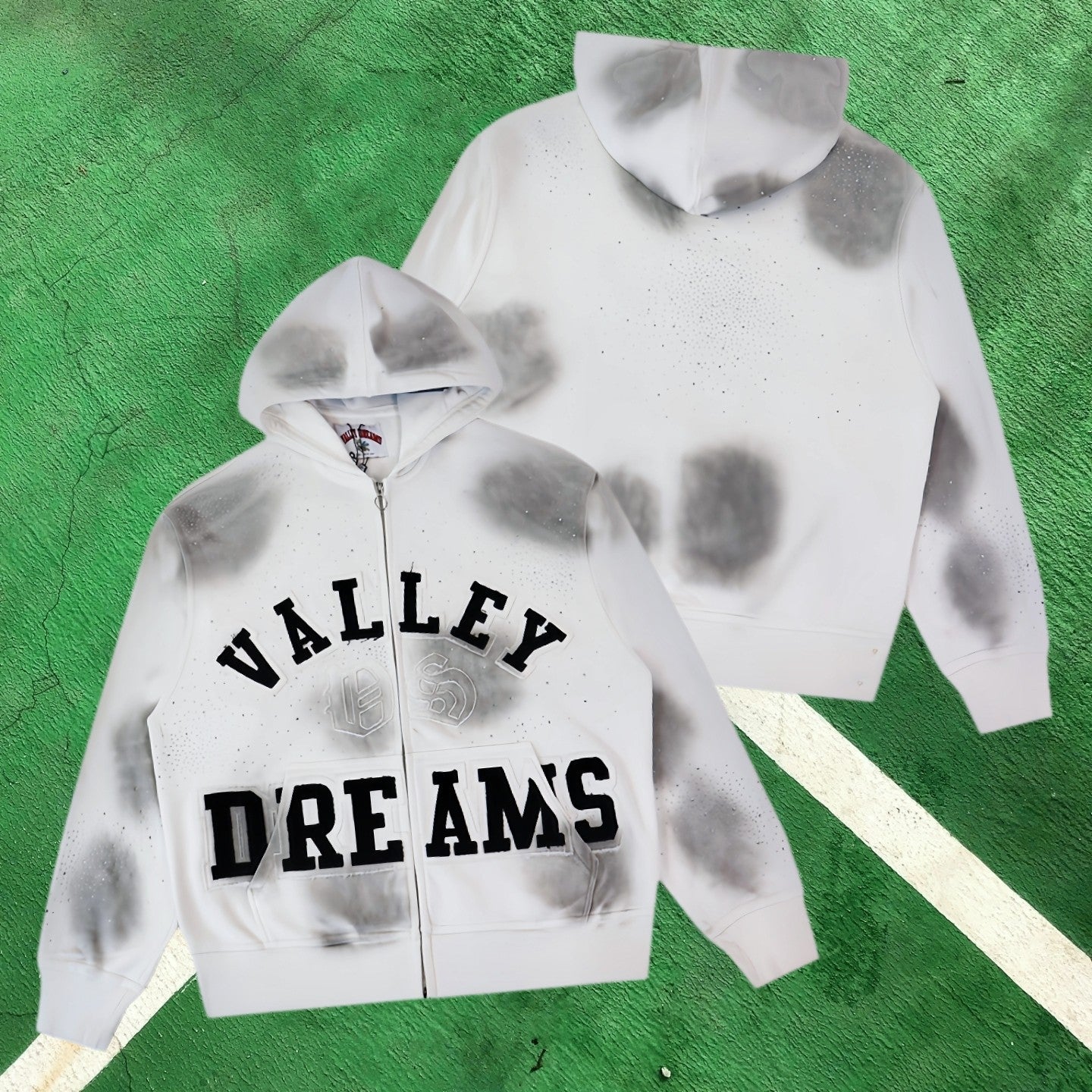 Vale Forever Tie-Dye & Rhinestone Embellished Full-Zip Hoodie (White / Grey Splatter)