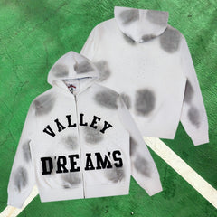 Vale Forever Tie-Dye & Rhinestone Embellished Full-Zip Hoodie (White / Grey Splatter)