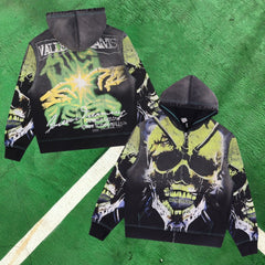 Vale Forever Vintage Graphic Full-Zip Hoodie (Black & Neon Green / Skull & Creation Print)