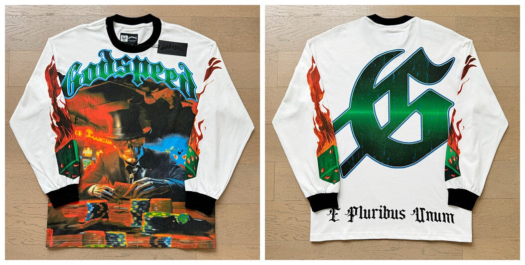 Godspeed "E Pluribus Unum" Poker Skull White Long Sleeve Tee